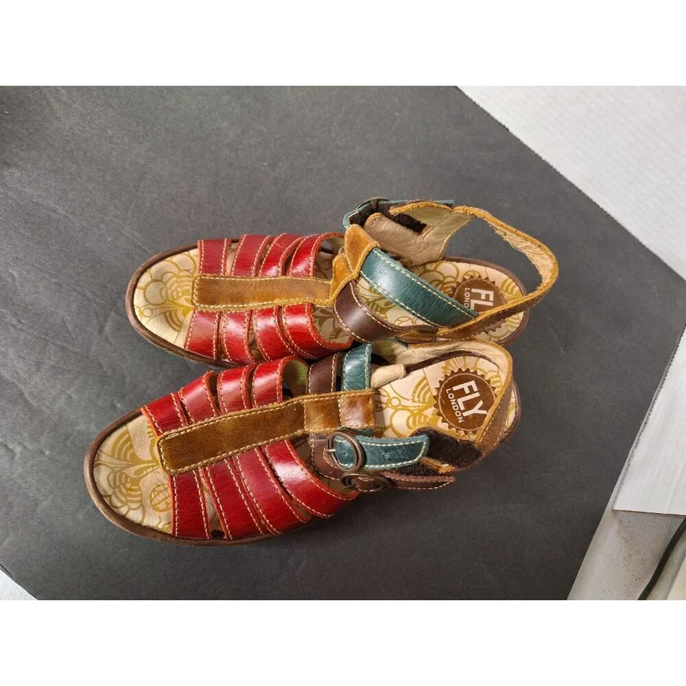 FLY LONDON YGOR RUG  - Red/Dk Brn/Petrol/Camel - Women 8  Sandles - Picture 8 of 10